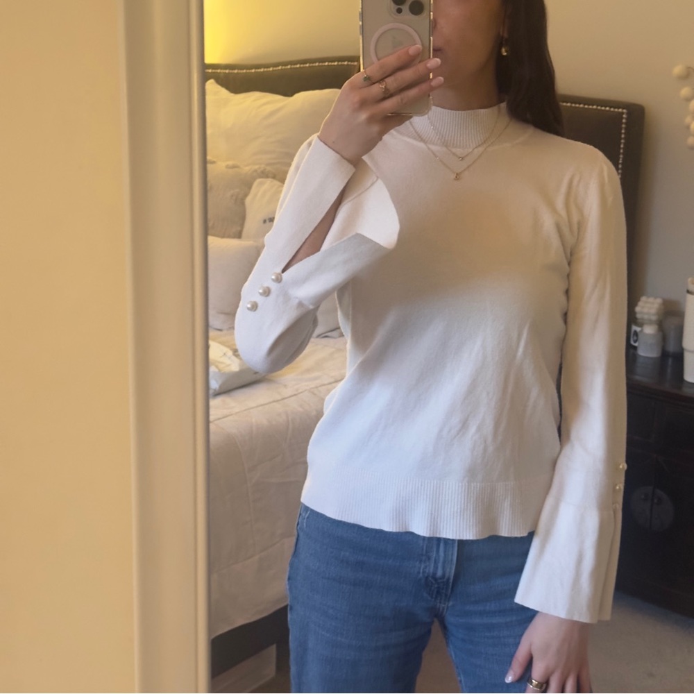 Elegant White Women's Top Pearls Slit Sleeves Cream Long Sleeve Size Small Cece